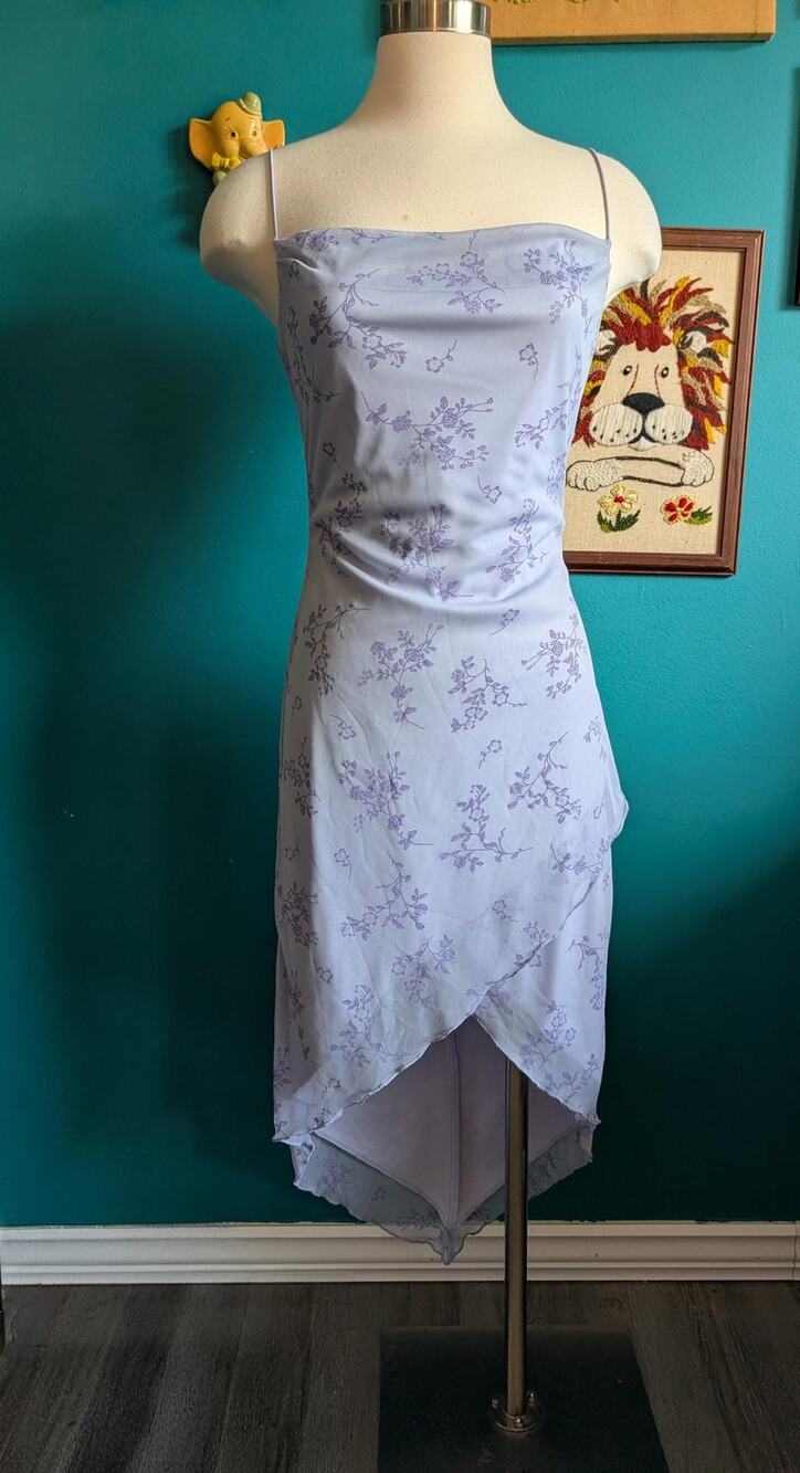 Vintage Y2K mesh overlay asymmetrical handkerchief hem lavender dress fairycore